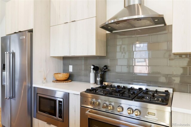 2409 Court Pl, Denver, CO 80205 - kitchen featuring decorative backsplash, island range hood, modern cabinets, light countertops, and premium appliances