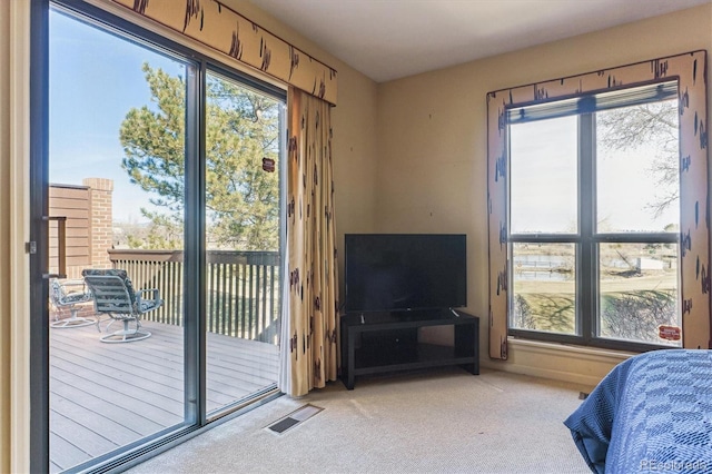 bedroom featuring visible vents, multiple windows, light colored carpet, and access to exterior