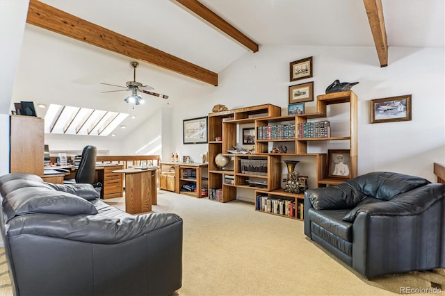 living area with light colored carpet, lofted ceiling with beams, and ceiling fan