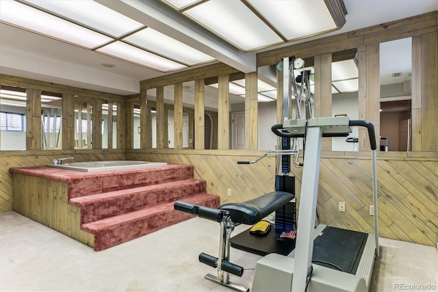 exercise area with a jacuzzi, carpet, and wood walls