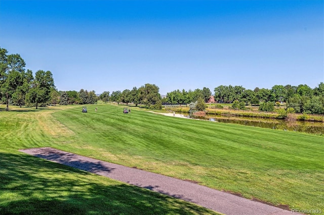 view of home's community with a yard and a water view