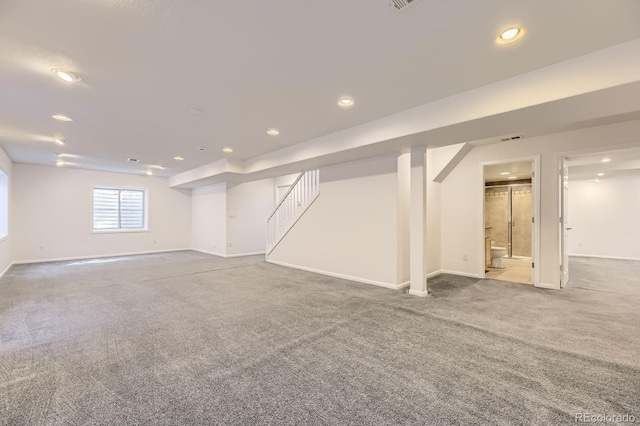 24763 E Crestridge Pl, Aurora, CO 80016 - below grade area featuring recessed lighting, baseboards, carpet, and stairs