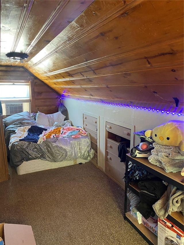 bedroom featuring lofted ceiling, cooling unit, wood walls, wood ceiling, and carpet