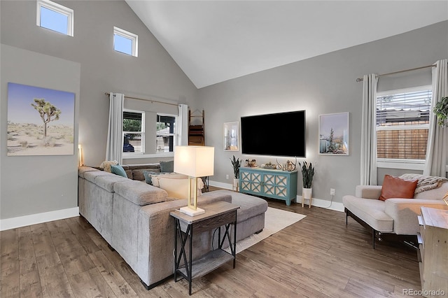 living room with hardwood / wood-style flooring and high vaulted ceiling