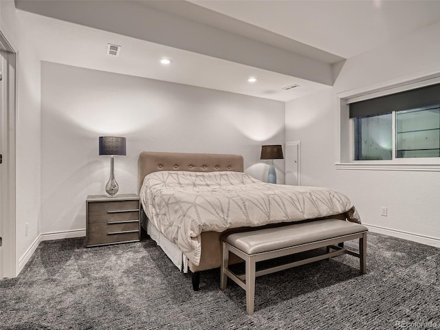 carpeted bedroom featuring baseboards, recessed lighting, and visible vents