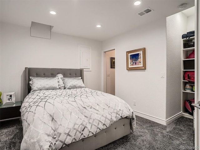 bedroom featuring carpet flooring, recessed lighting, baseboards, and visible vents