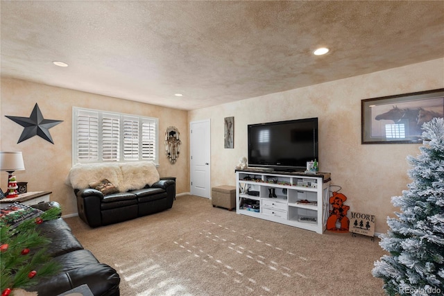 living room featuring carpet and a textured ceiling