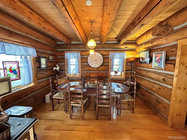 dining room with wood ceiling, light hardwood / wood-style flooring, beamed ceiling, and rustic walls