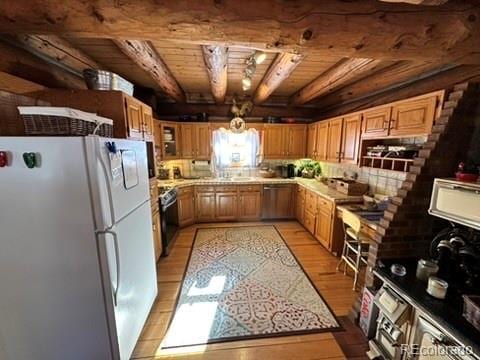 kitchen with wood ceiling, light hardwood / wood-style flooring, beam ceiling, black dishwasher, and white refrigerator