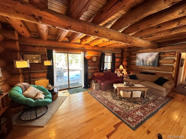 living room with wood ceiling, log walls, light hardwood / wood-style floors, and beam ceiling