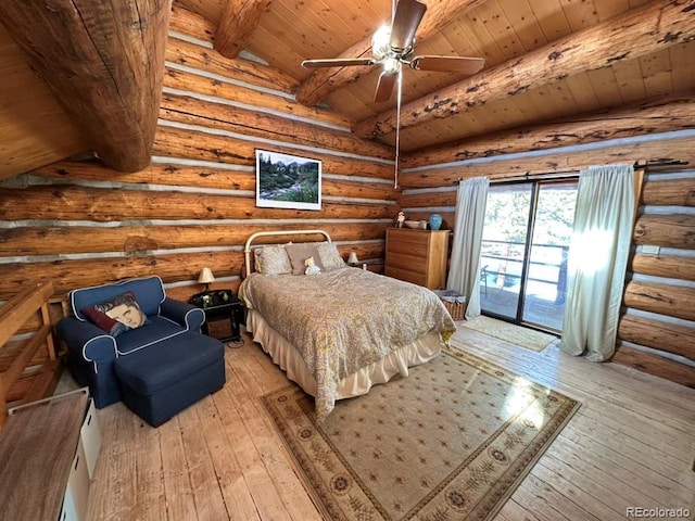 bedroom featuring ceiling fan, access to exterior, lofted ceiling with beams, log walls, and light wood-type flooring