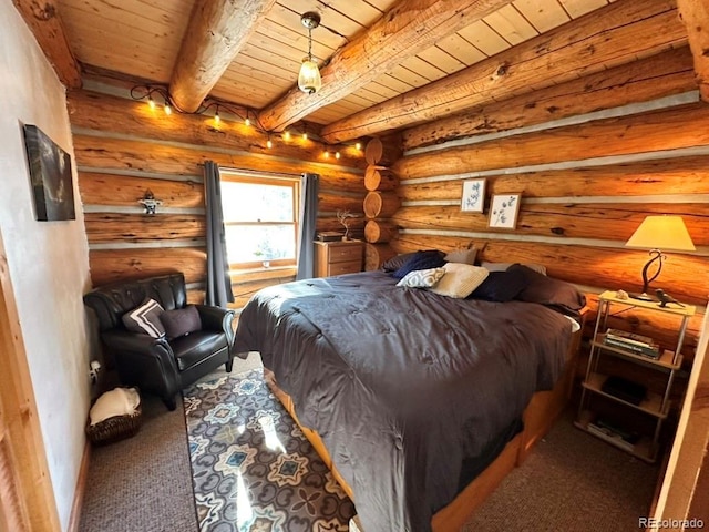 bedroom with beamed ceiling, wooden ceiling, and rustic walls