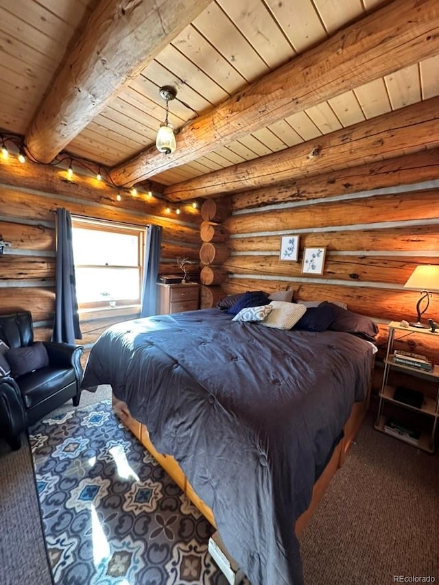 bedroom with beamed ceiling, wood ceiling, and log walls