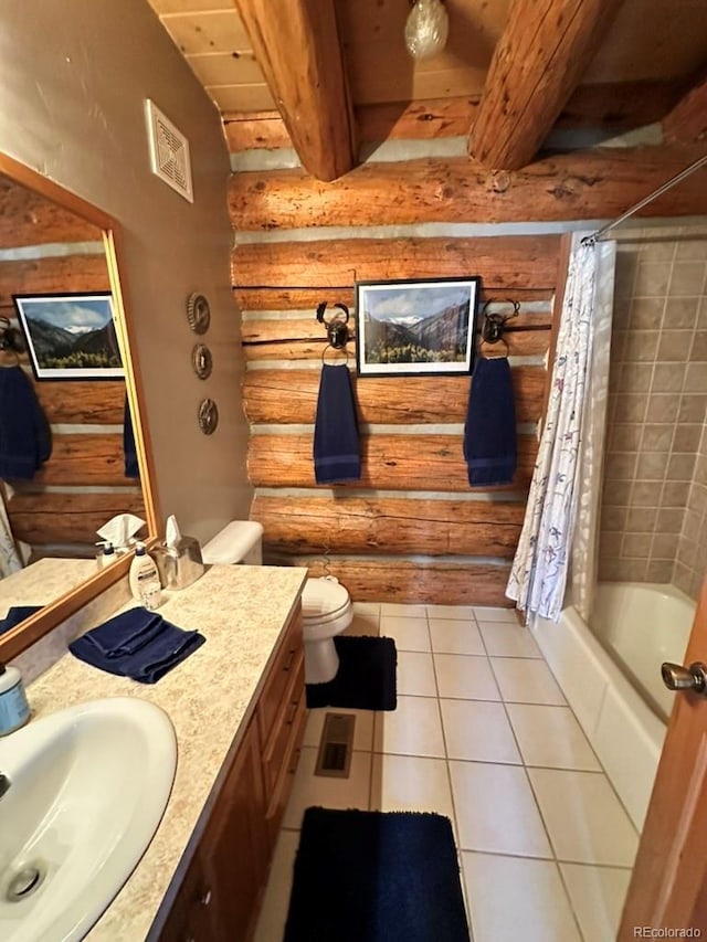 full bathroom featuring toilet, rustic walls, wood ceiling, vanity, and beam ceiling