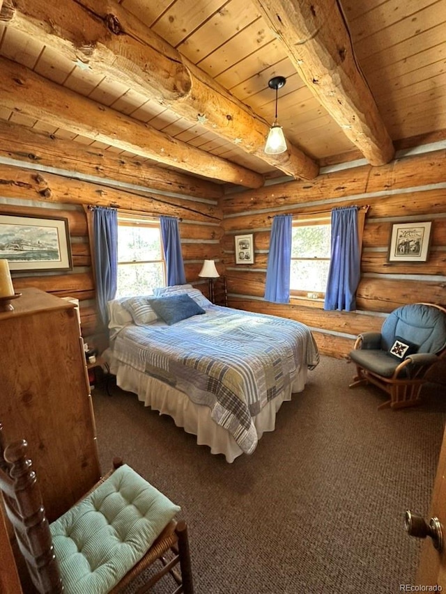 bedroom with multiple windows, log walls, beam ceiling, and wooden ceiling