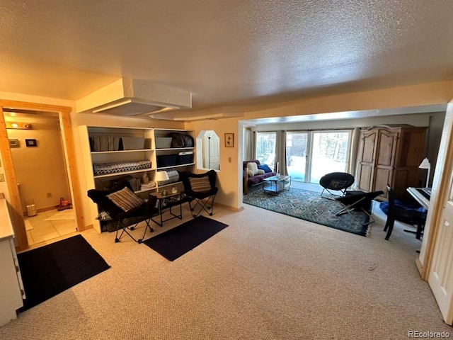 carpeted living room with a textured ceiling