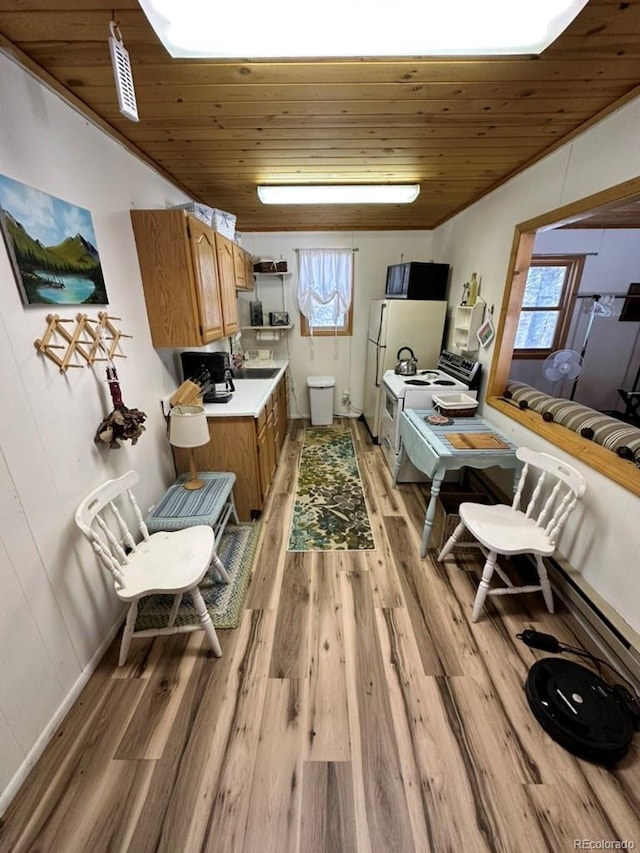 kitchen with white electric stove, wood-type flooring, plenty of natural light, and wooden ceiling