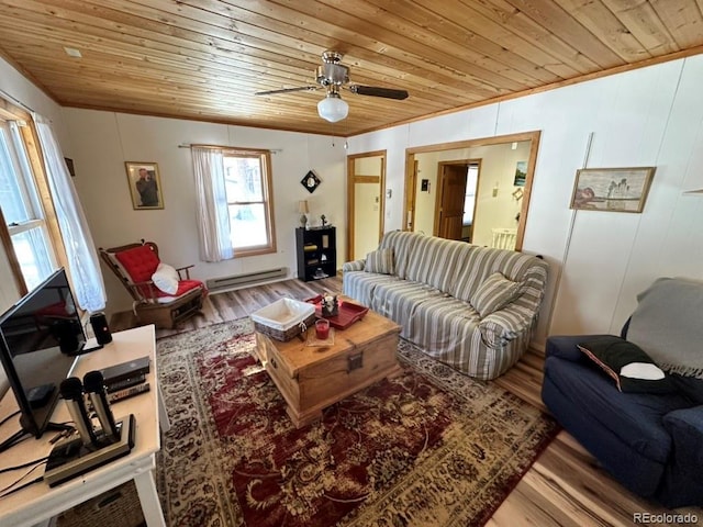 living room featuring wood ceiling, wood-type flooring, baseboard heating, ornamental molding, and ceiling fan