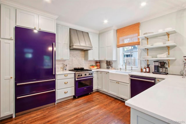 kitchen featuring a sink, high end appliances, premium range hood, backsplash, and light countertops