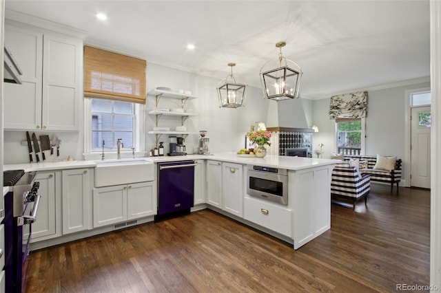 kitchen with a peninsula, a sink, stainless steel appliances, crown molding, and dark wood-style floors