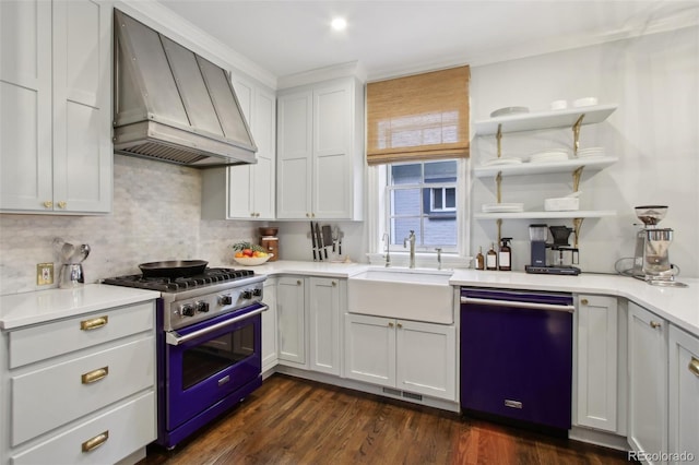 kitchen with a sink, tasteful backsplash, dishwashing machine, stainless steel range, and custom range hood