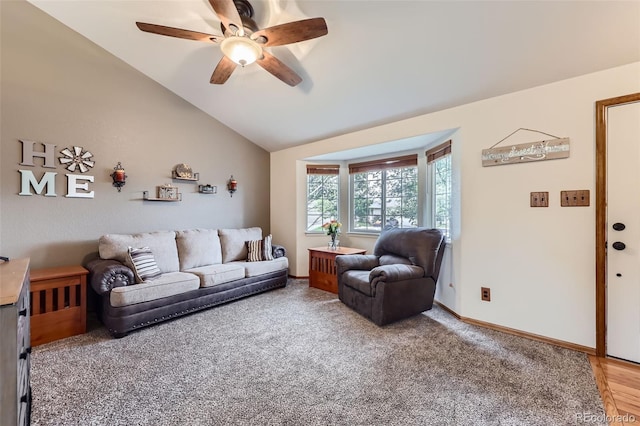 11395 E 116th Dr, Commerce City, CO 80640 - living room with a ceiling fan, vaulted ceiling, and light carpet