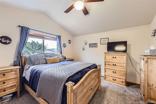 11395 E 116th Dr, Commerce City, CO 80640 - bedroom with carpet flooring, vaulted ceiling, and a ceiling fan