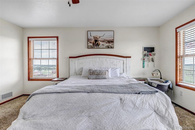 bedroom with carpet flooring, multiple windows, and baseboards