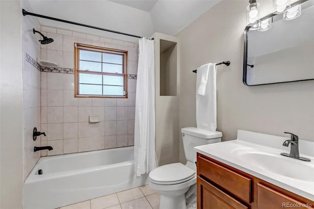bathroom featuring tile patterned flooring, toilet, shower / bath combo with shower curtain, and vanity