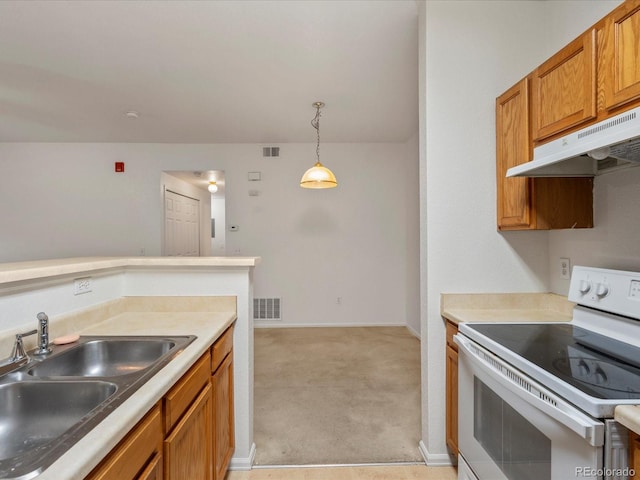 kitchen with visible vents, light carpet, under cabinet range hood, a sink, and white electric stove