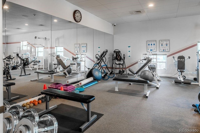 2896 W Riverwalk Cir Unit 204, Littleton, CO 80123 - workout area featuring a paneled ceiling and plenty of natural light