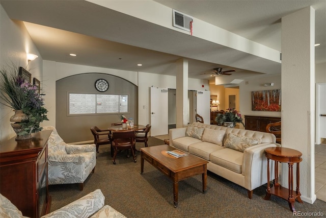 2896 W Riverwalk Cir Unit 204, Littleton, CO 80123 - living area with carpet floors, a ceiling fan, and recessed lighting