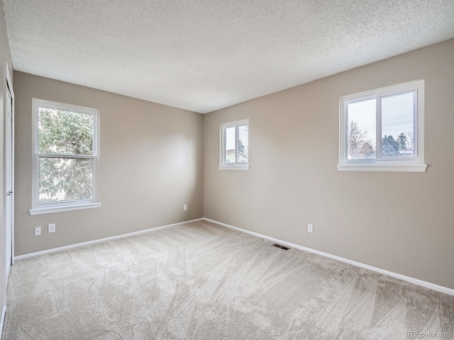 unfurnished room featuring light carpet and a textured ceiling