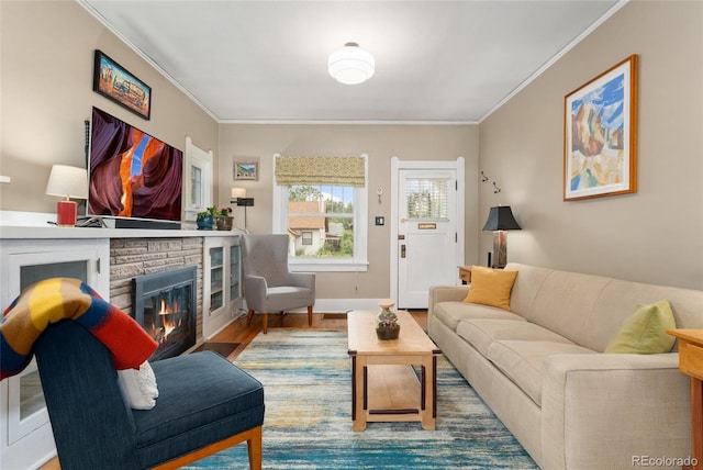1215 Jackson St, Denver, CO 80206 - living room featuring a fireplace, crown molding, and wood finished floors
