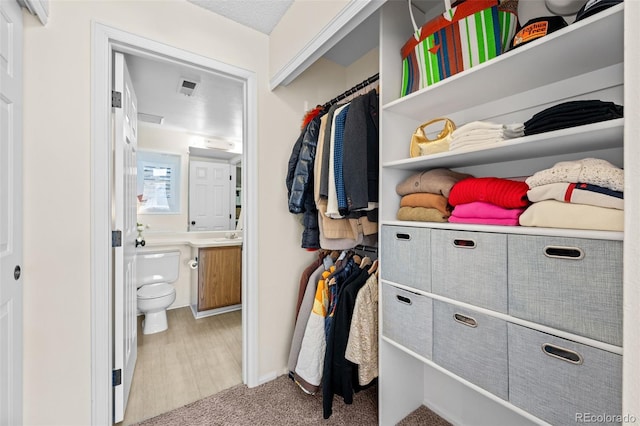 spacious closet featuring carpet, visible vents, and a sink