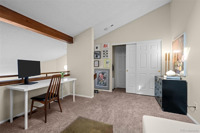 home office with baseboards, carpet flooring, lofted ceiling with beams, and a textured ceiling