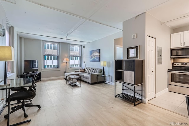 444 17th St Unit 701, Denver, CO 80202 - living area featuring electric panel, baseboards, light wood-style floors, and a desk
