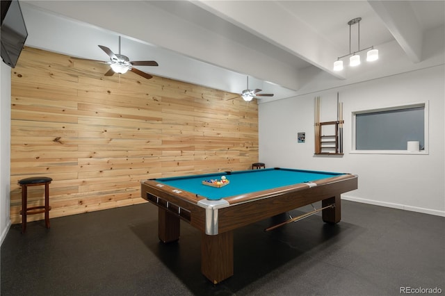 recreation room with ceiling fan, billiards, beam ceiling, and wood walls