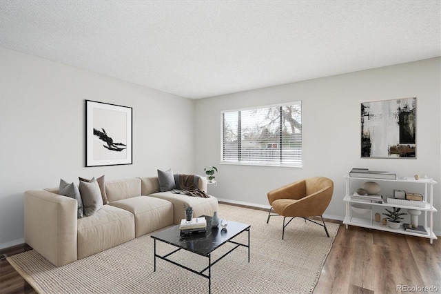 living room featuring wood-type flooring and a textured ceiling