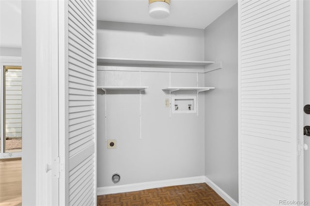 laundry room with hookup for an electric dryer, dark parquet flooring, and hookup for a washing machine