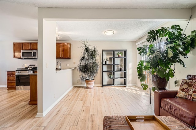 entrance foyer with a textured ceiling, light wood-type flooring, and baseboards