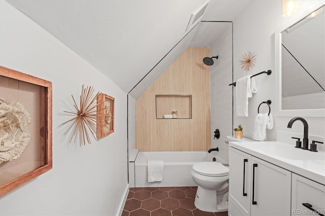 full bathroom with tile patterned flooring, vanity, toilet, vaulted ceiling, and  shower combination