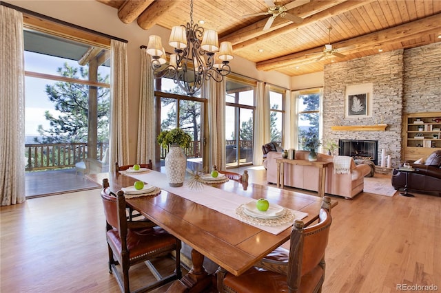 dining room with light wood finished floors, wood ceiling, beam ceiling, ceiling fan with notable chandelier, and a fireplace