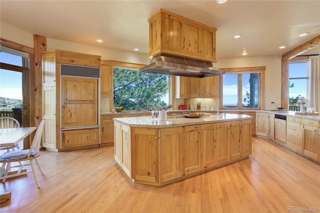 kitchen with exhaust hood, a healthy amount of sunlight, a kitchen island with sink, and light wood finished floors