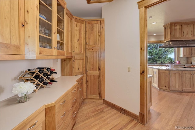 kitchen featuring glass insert cabinets, baseboards, under cabinet range hood, light countertops, and light wood-type flooring