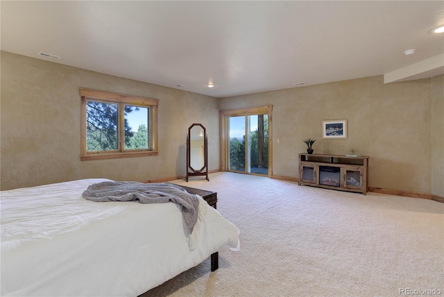 carpeted bedroom with visible vents, recessed lighting, a fireplace, and baseboards