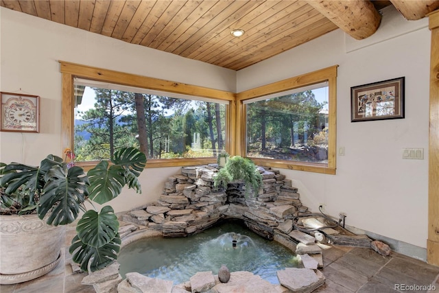 interior space with wooden ceiling and beamed ceiling