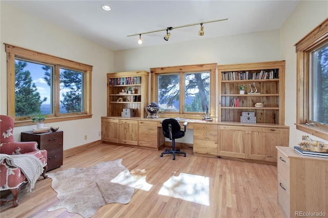 4440 Monitor Rock Ln, Colorado Springs, CO 80904 - office area featuring light wood-type flooring, track lighting, and built in desk