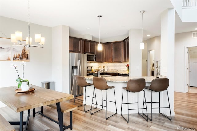 kitchen with stainless steel appliances, dark brown cabinetry, light wood finished floors, a peninsula, and decorative backsplash