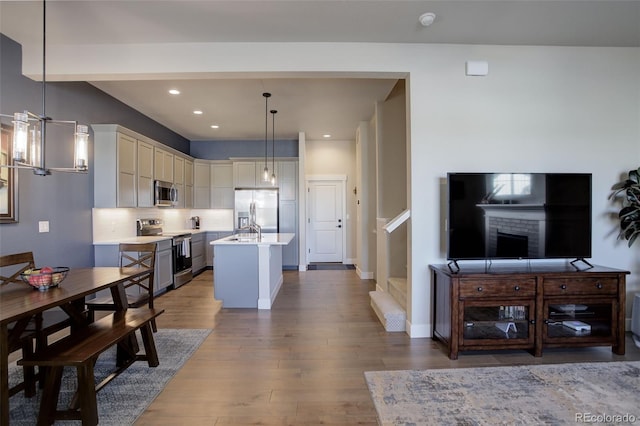 kitchen featuring a kitchen island with sink, wood finished floors, open floor plan, light countertops, and appliances with stainless steel finishes